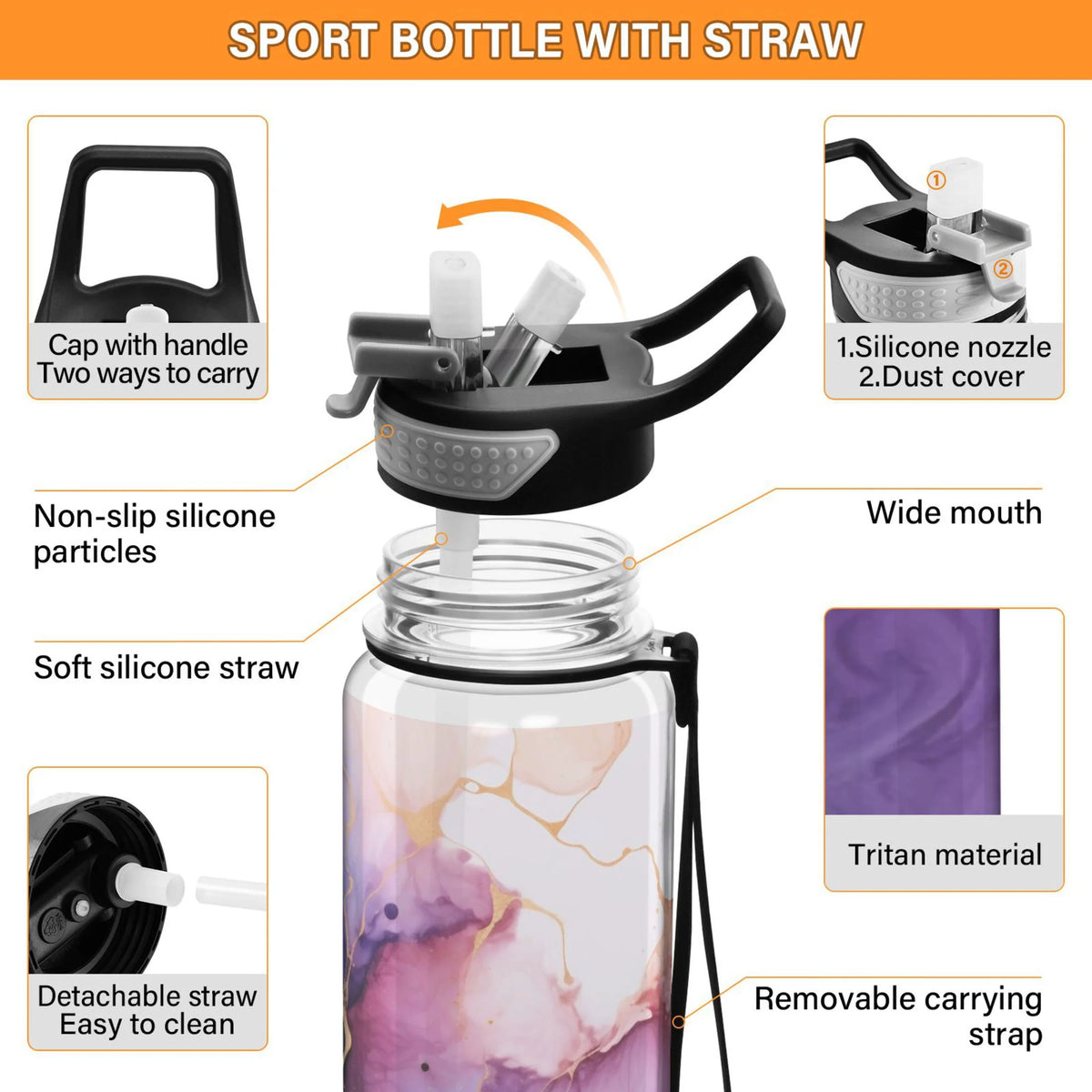 Purple and Blue Marble 32oz Tritan Leakproof Water Bottle with Straw U25815