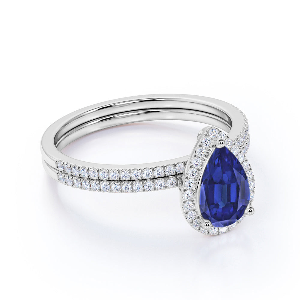 1.5 Carat Pear Shaped Blue Sapphire Bridal Set in 18k White Gold over Silver E904466