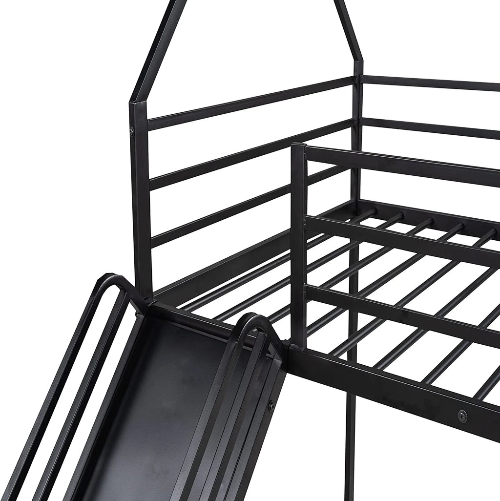 Black Metal Frame Floor Bunk Bed with Slide and Built-In Ladder Y6282