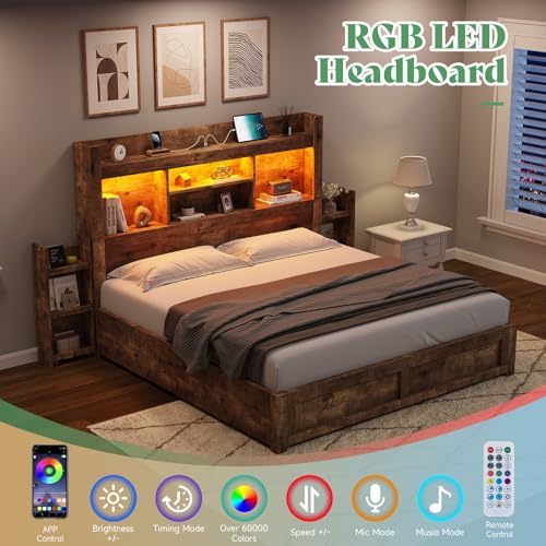 Full Size Wood Bed Frame with 4 Storage Drawers and Bookcase Headboard J187