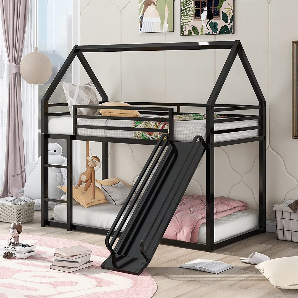 Black Metal Frame Floor Bunk Bed with Slide and Built-In Ladder Y6282