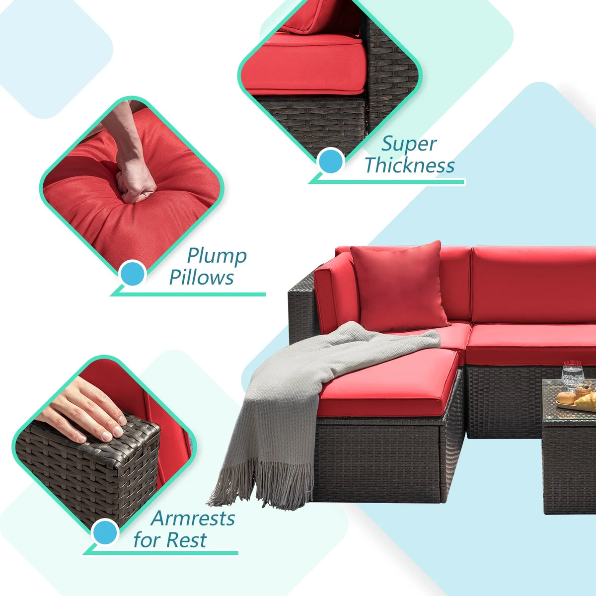 5 Pieces PE Rattan Wicker Patio Sectional Set with Table O71780