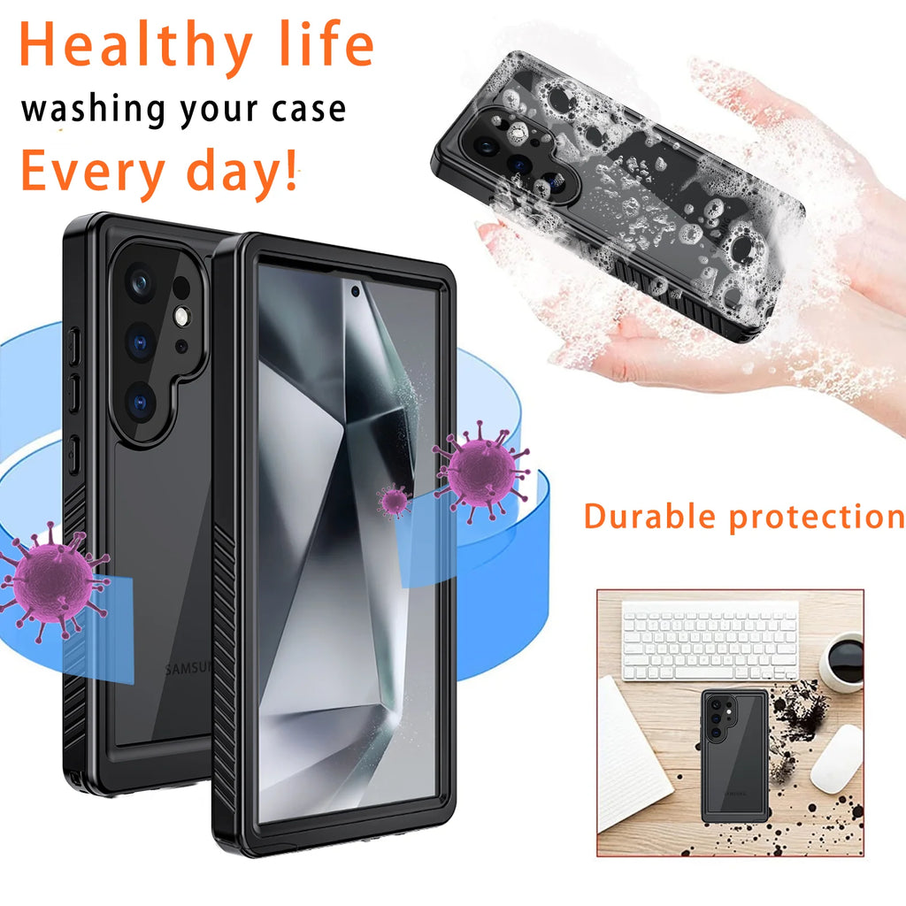 Black Waterproof Rugged Phone Case with Screen Protector S8746