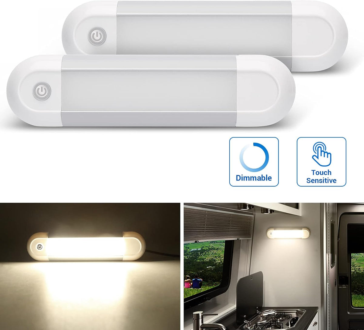 2 Pack 12V LED RV Ceiling Dome Lights with Touch Dimmer, Natural White 4000K F27058