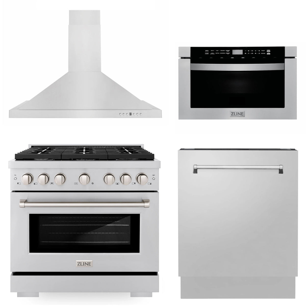 36 in. Gas Range, Range Hood, Microwave Drawer, Dishwasher J51037