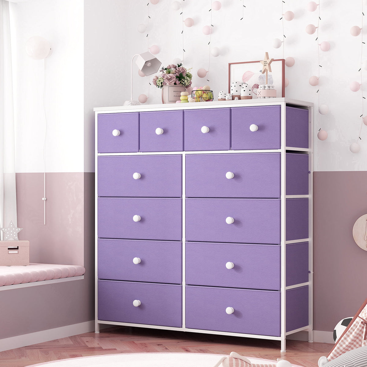 Pink 12 Fabric Drawer Dresser with Wood Top E16238