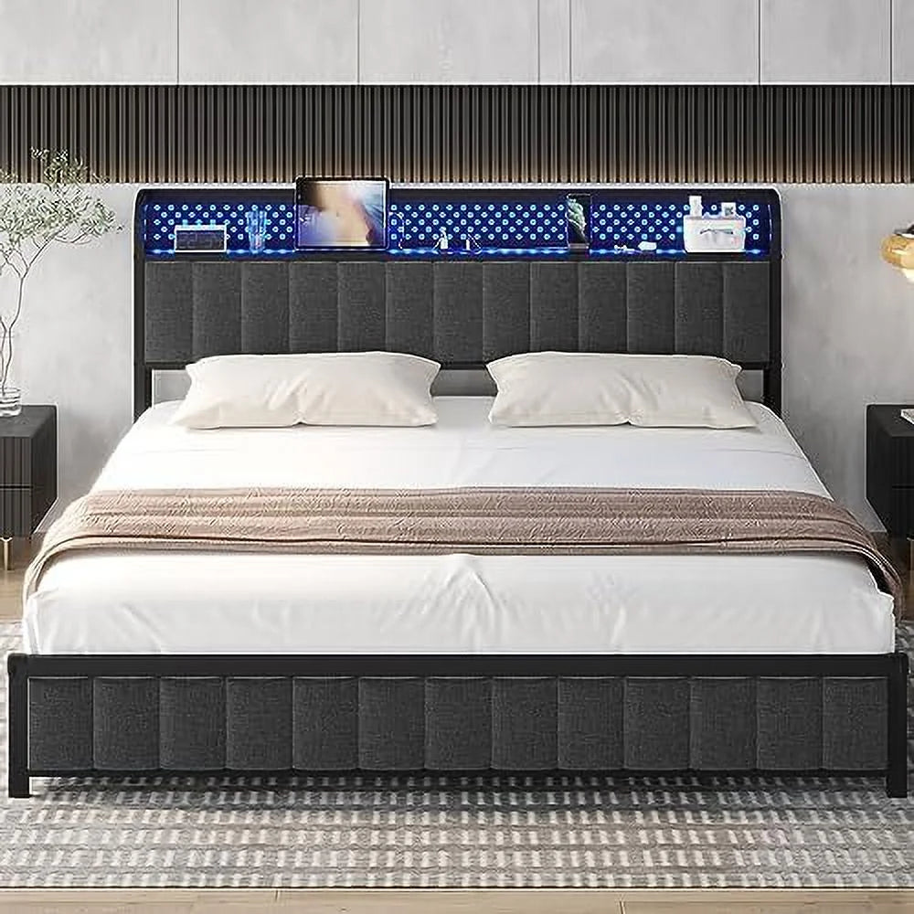 Queen LED Bed Frame with Headboard, Outlets & USB Ports, Dark Grey W7793