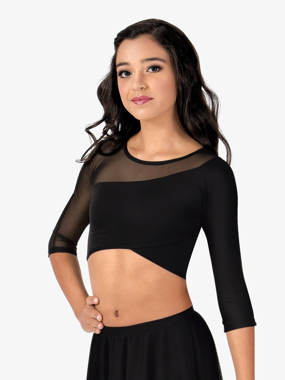 White 3/4 Sleeve Asymmetrical Dance Crop Top R482749