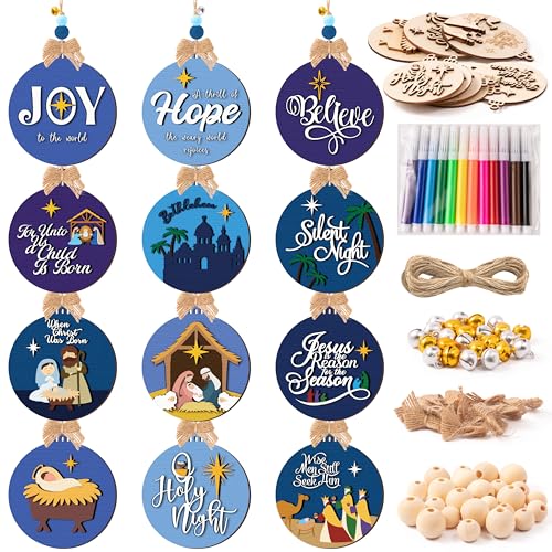 12 Styles Unfinished Wooden Christmas Ornaments Kit with Paint Pens G565989
