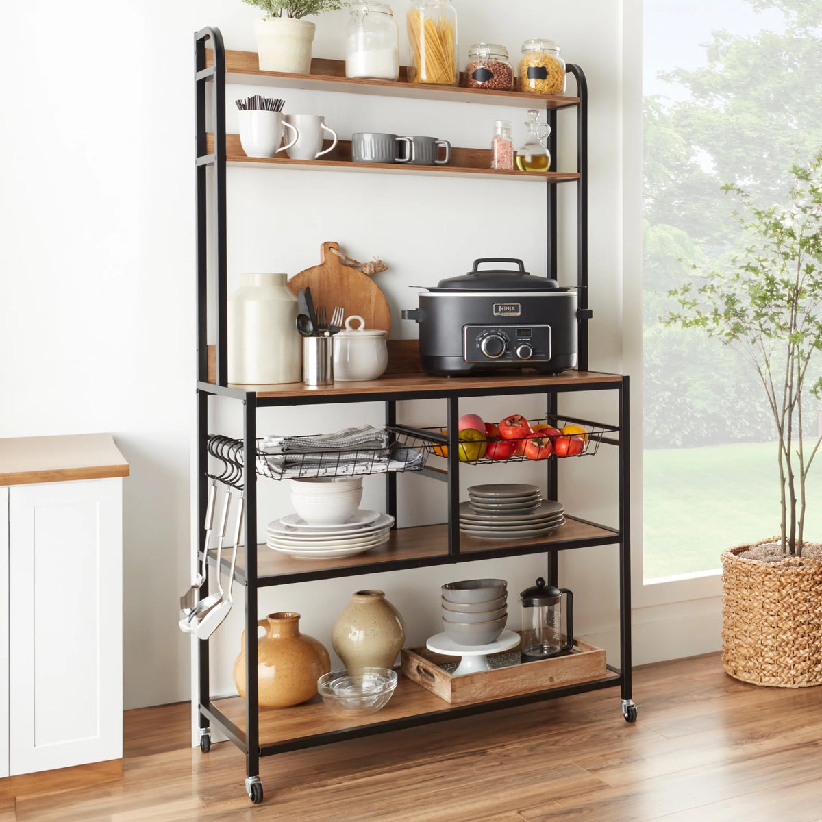 Brown Black Counter-Height Baker's Rack with Locking Wheels K61810