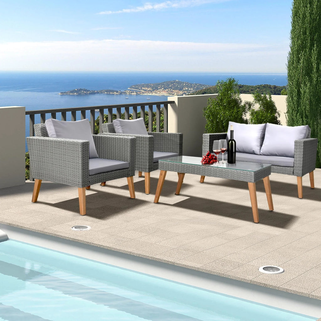 4 Pcs Wood Grain Patio Conversation Set with Loveseat and Tea Table J1332
