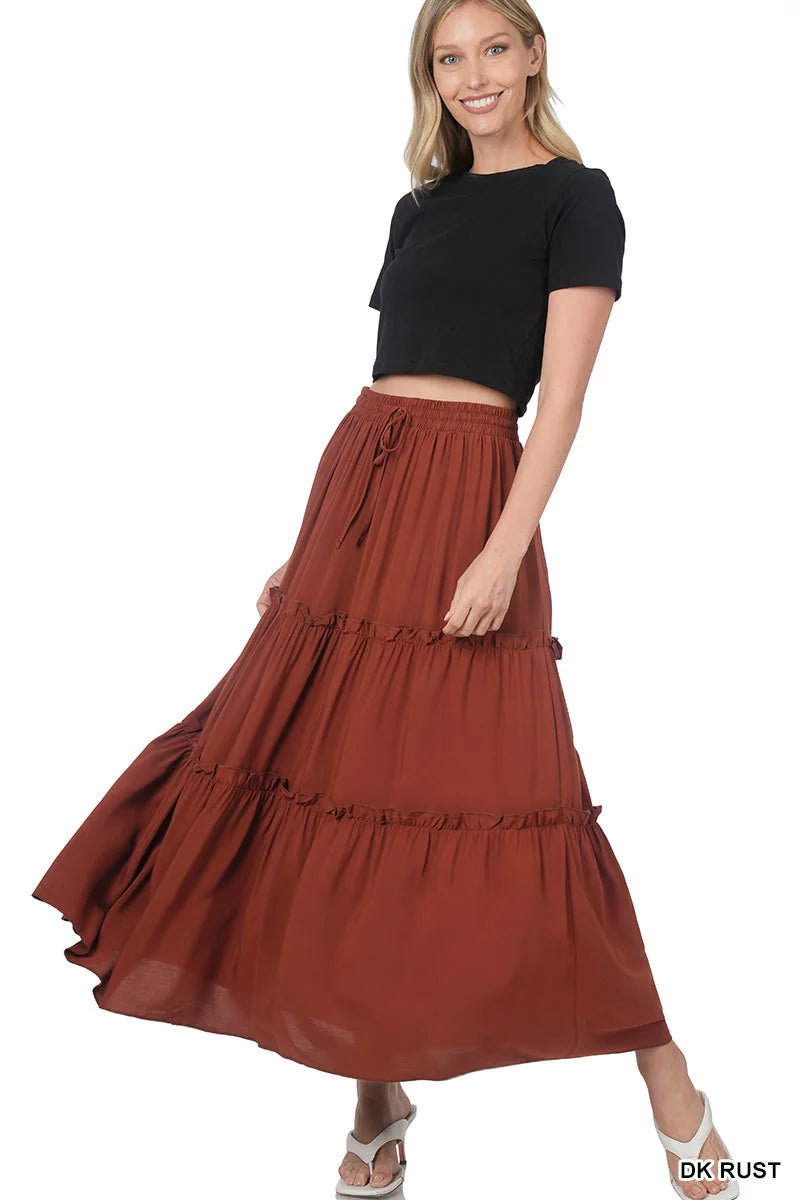 Boho Elastic Drawstring Waist Tiered Ruffle A-Line Woven Maxi Skirt I60706
