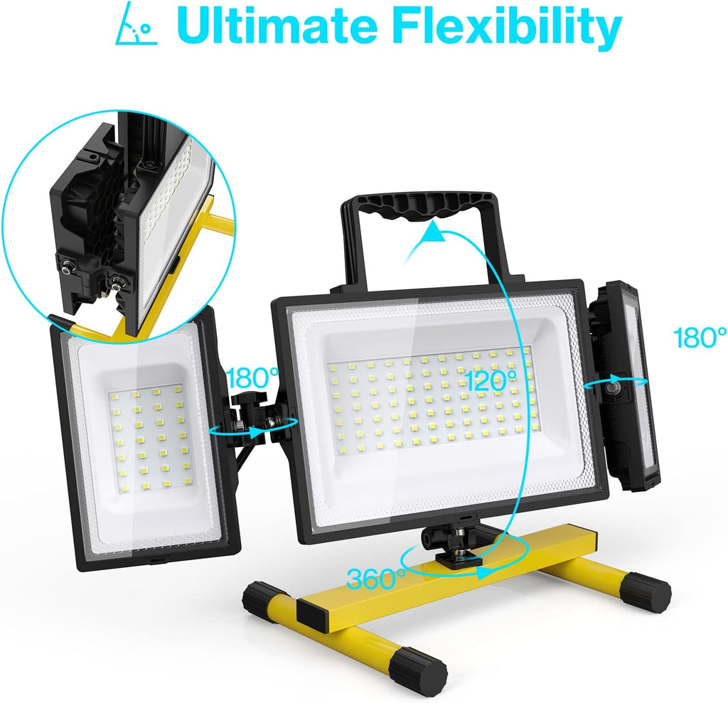 80W LED Work Light, Triple Adjustable Heads, 6500K, IP65 Waterproof, with Stand, Pack of 2 L975420