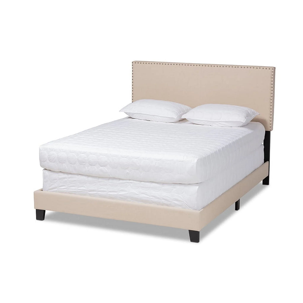 Beige Linen Fabric Upholstered Full Size Panel Bed Q306188