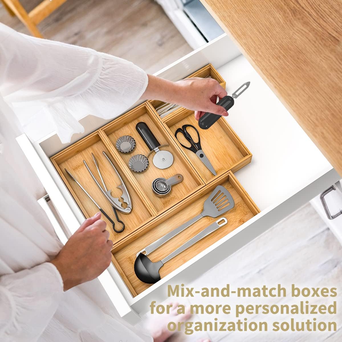 Bamboo Wood Stackable Silverware Tray Utensil Drawer Organizer J8305