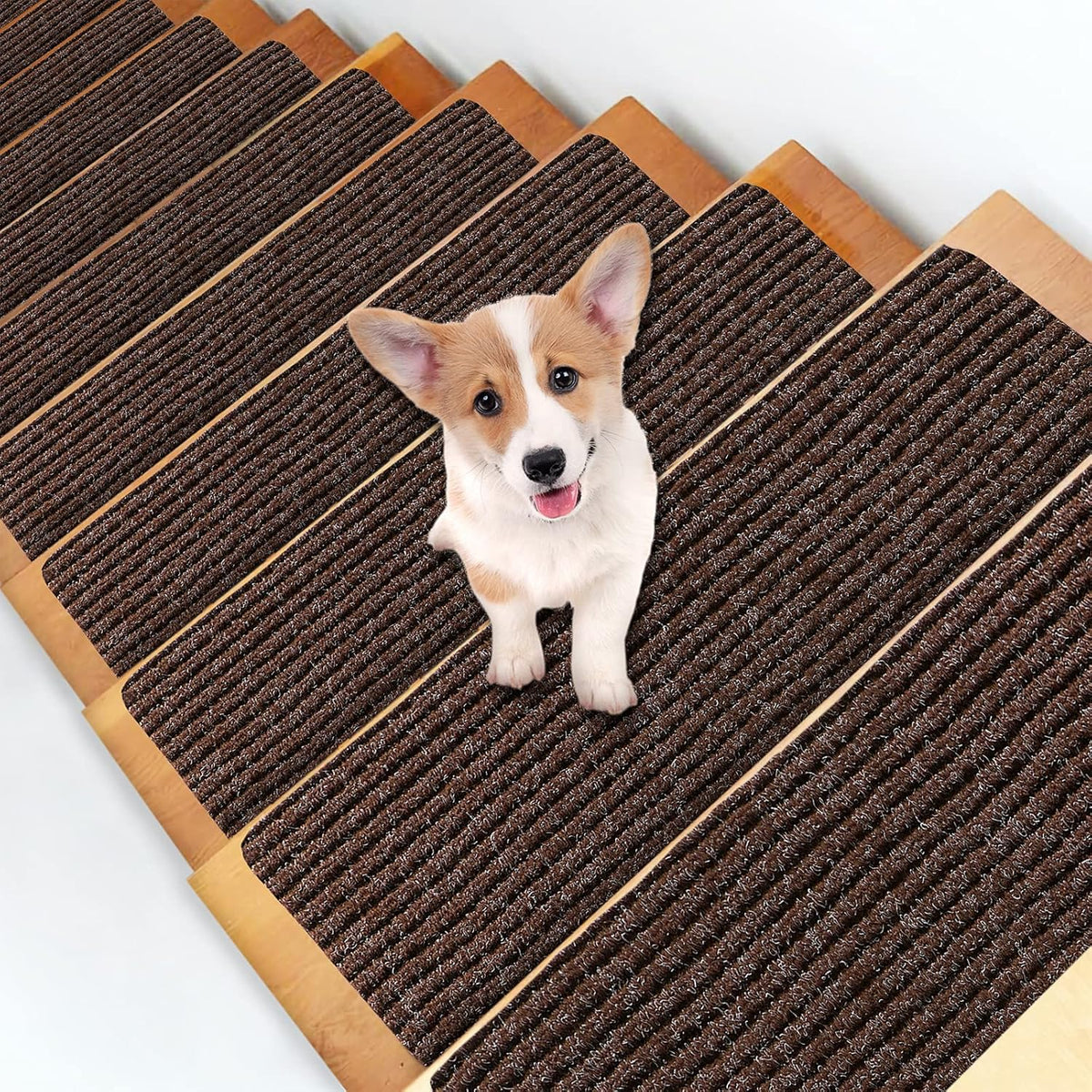 Brown Non-Slip Self-Adhesive Stair Treads Carpet 8''x30'' 14PCS L163321