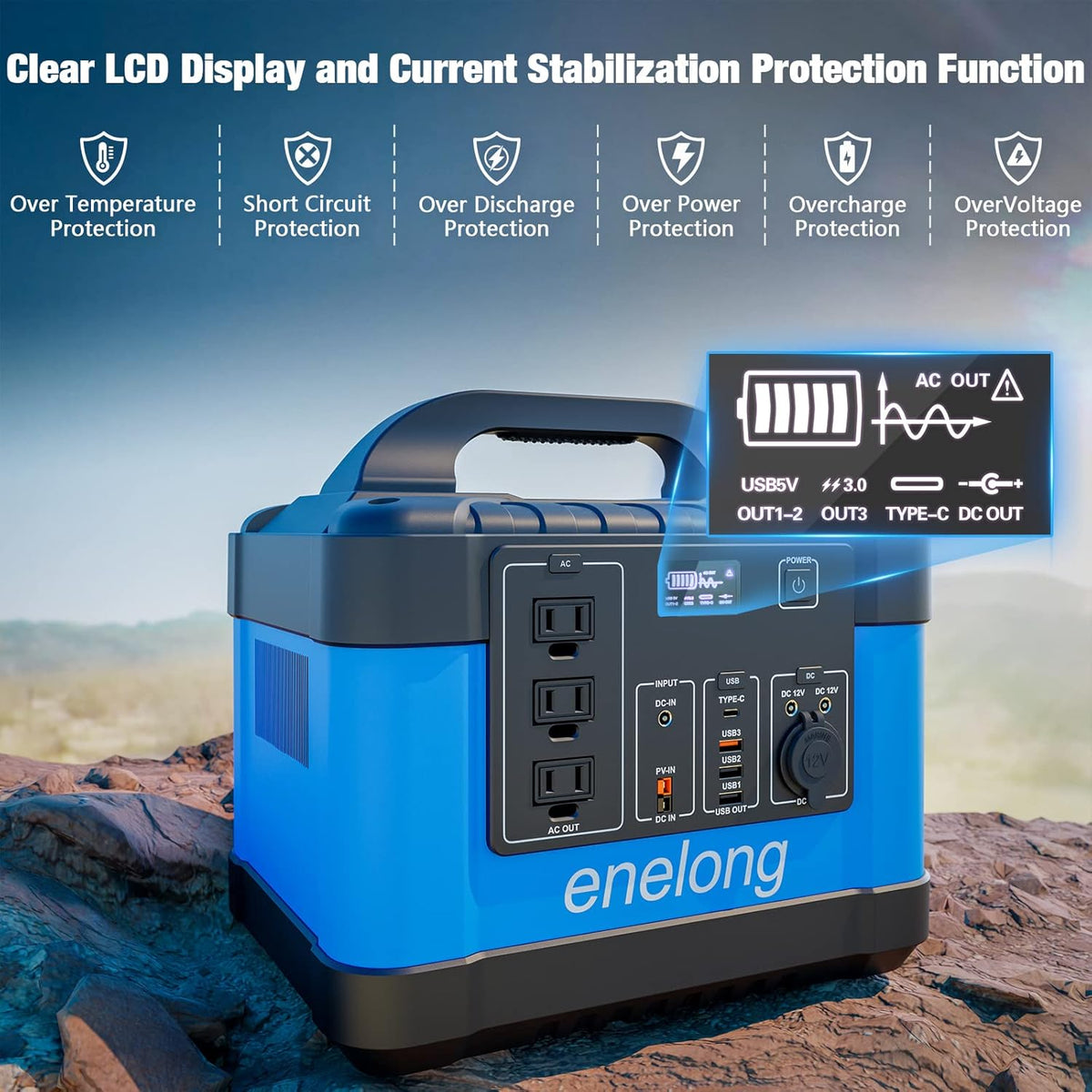 1100Wh 1200W Portable Power Station with 3x110V AC Outlets V3065