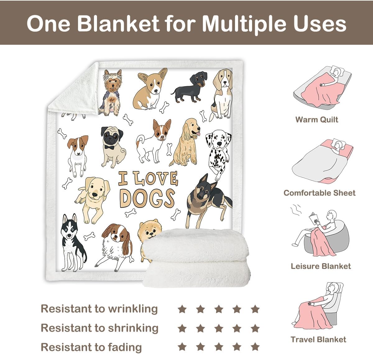 Puppy Print Sherpa Fleece Throw Blanket, Twin (60"X80") Q1318