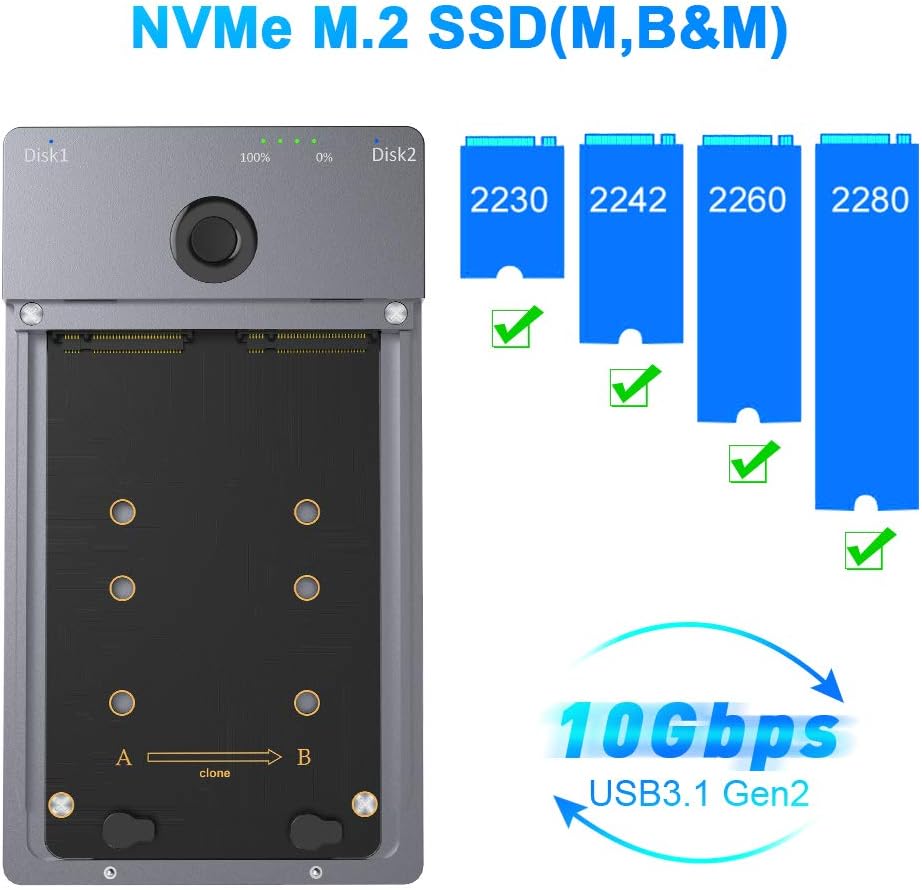 USB C 10Gbps Dual-Bay M.2 NVME SSD Enclosure with Offline Clone T268