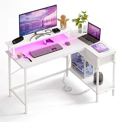 Rustic Brown L Shaped Computer Desk with Power Outlets and LED Lights and Drawer S860