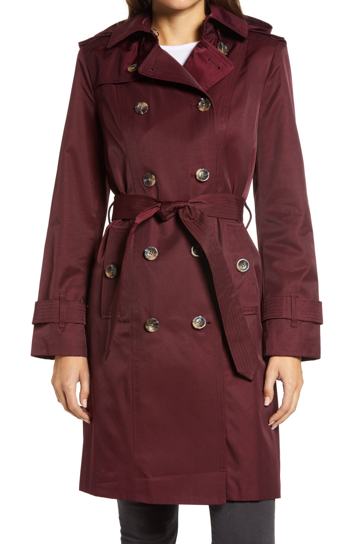 Red Double Breasted Trench Coat with Removable Hood D66407
