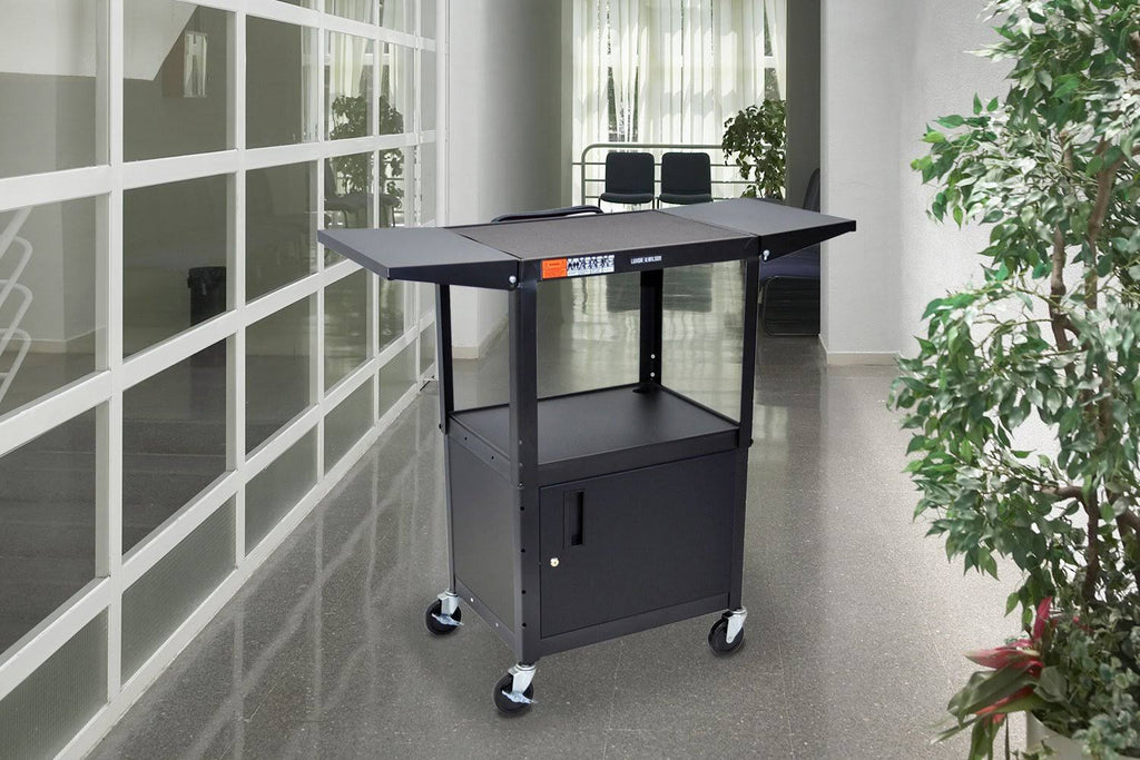 Adjustable Height Steel AV Cart with Cabinet and Drop Leaf O823118