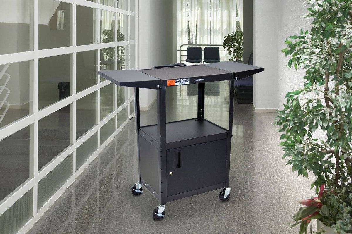 Adjustable Height Steel AV Cart with Cabinet and Drop Leaf O823118