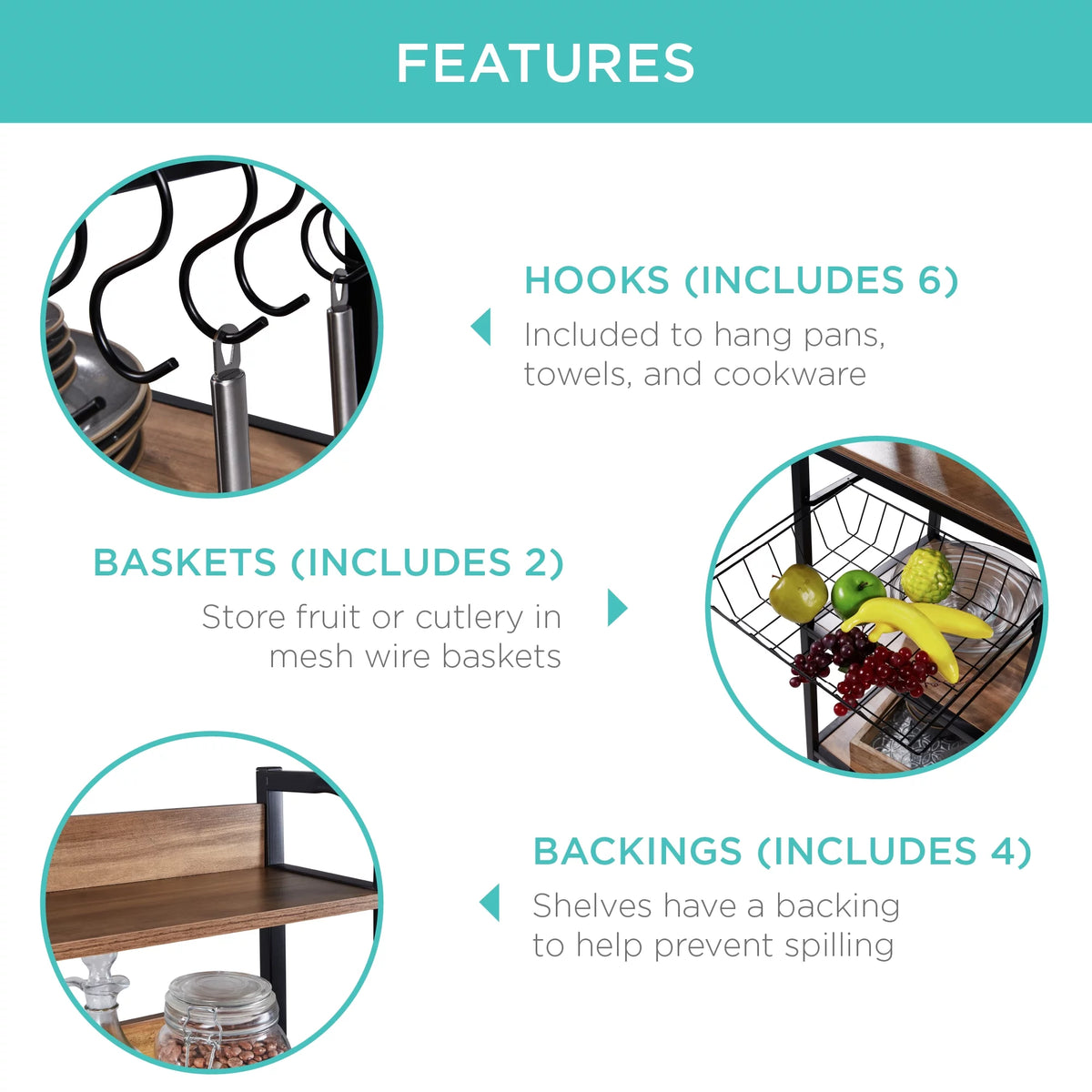 Brown Black Counter-Height Baker's Rack with Locking Wheels K61810