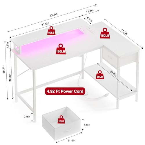 Rustic Brown L Shaped Computer Desk with Power Outlets and LED Lights and Drawer S860