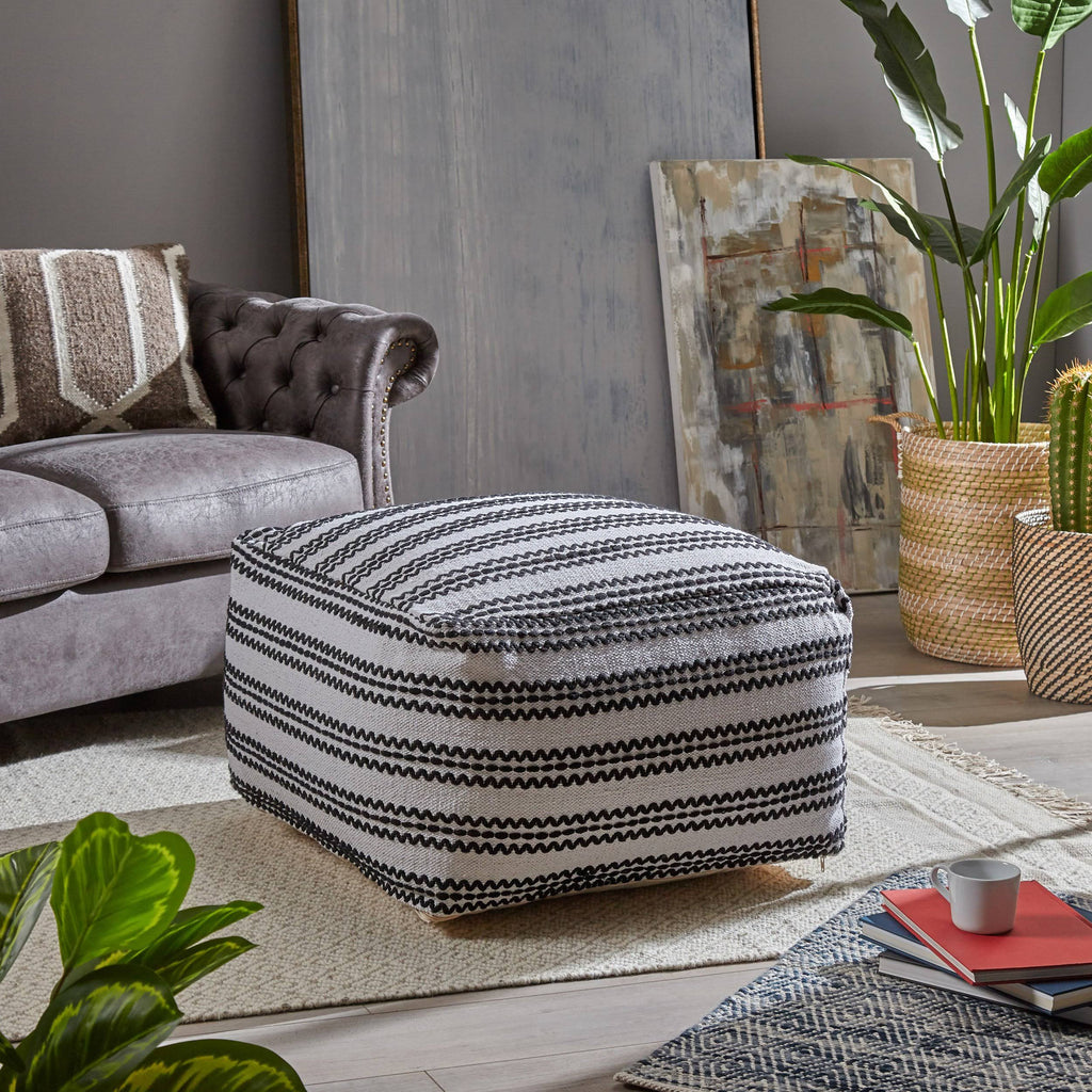 Black and Natural Cotton Square Pouf U22837