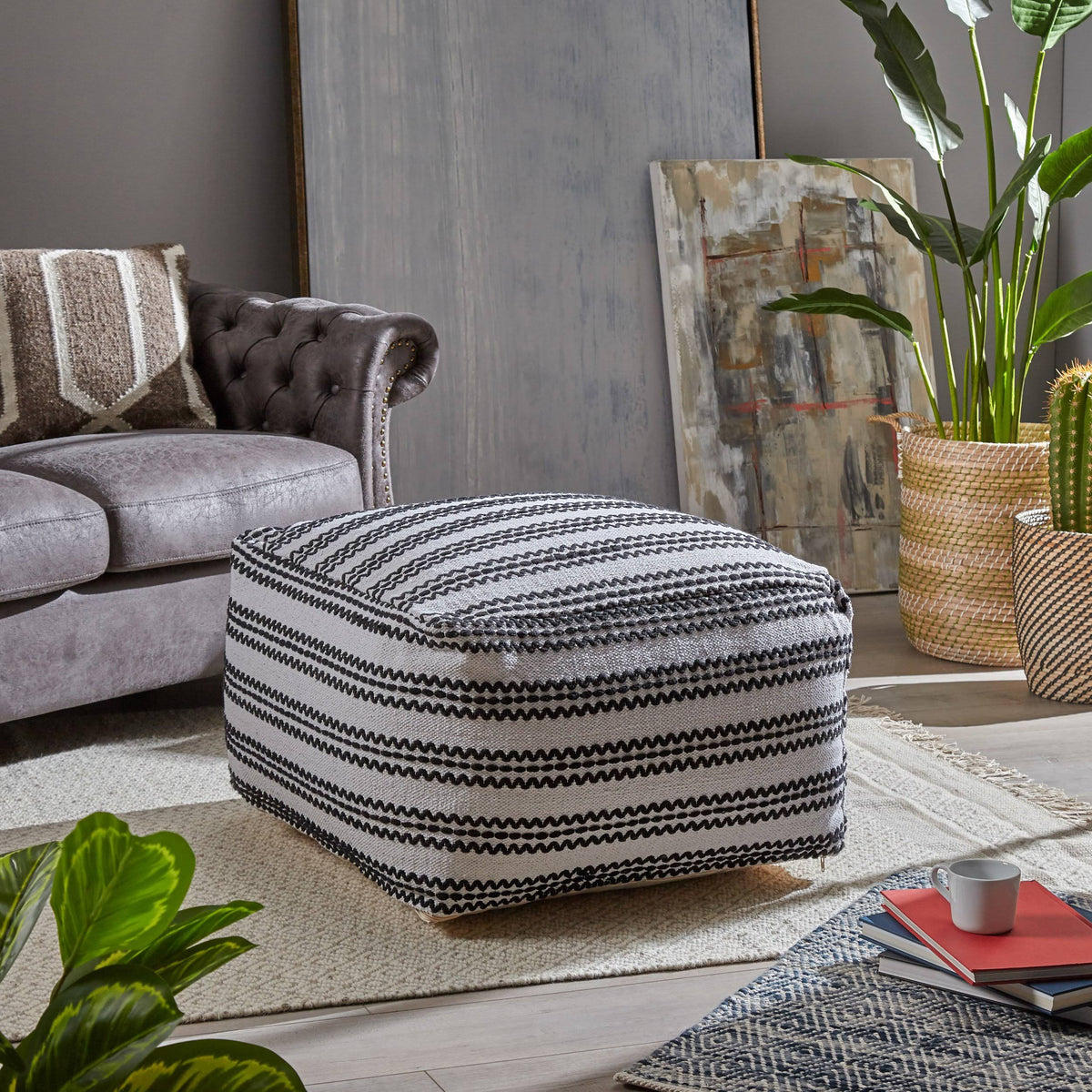 Black and Natural Cotton Square Pouf U22837