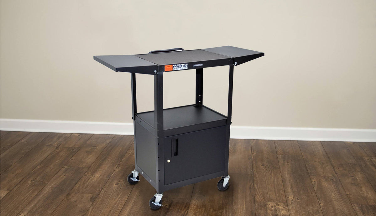 Adjustable Height Steel AV Cart with Cabinet and Drop Leaf O823118