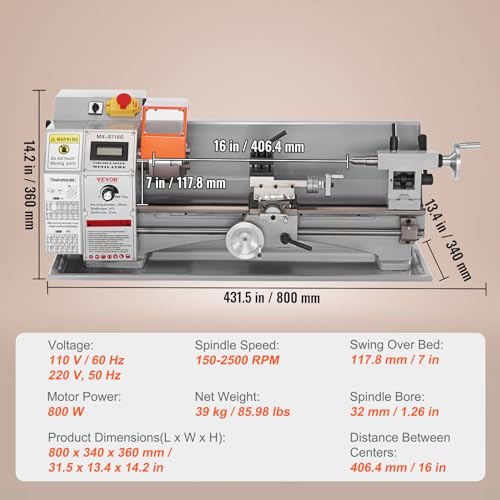 7'' x 16'' 800W Precision Benchtop Metal Lathe Z407616