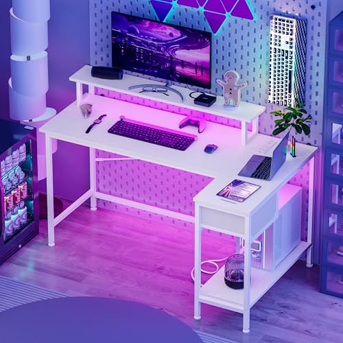 Rustic Brown L Shaped Computer Desk with Power Outlets and LED Lights and Drawer S860