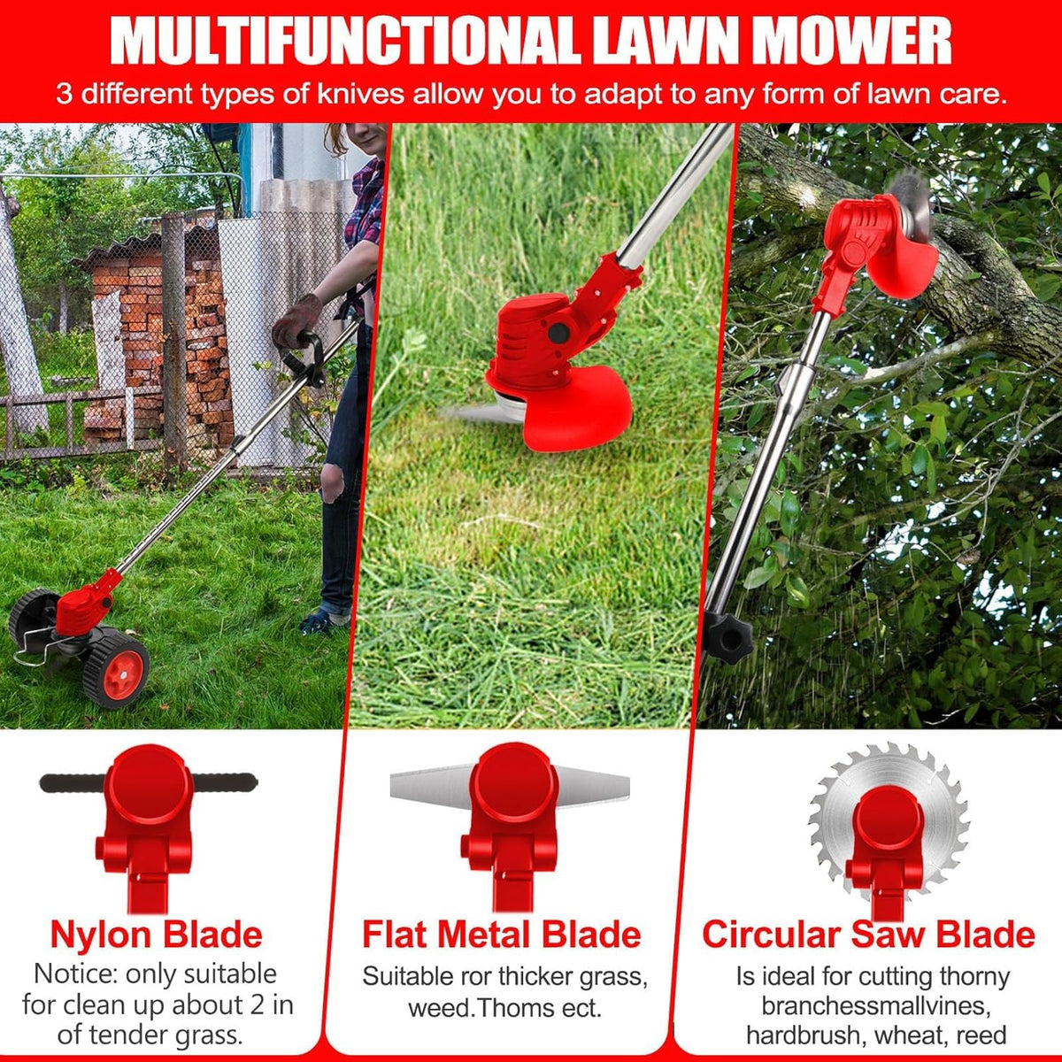 3-in-1 Cordless Battery Powered String Trimmer with 2Pcs 4.0 Ah Battery H1708