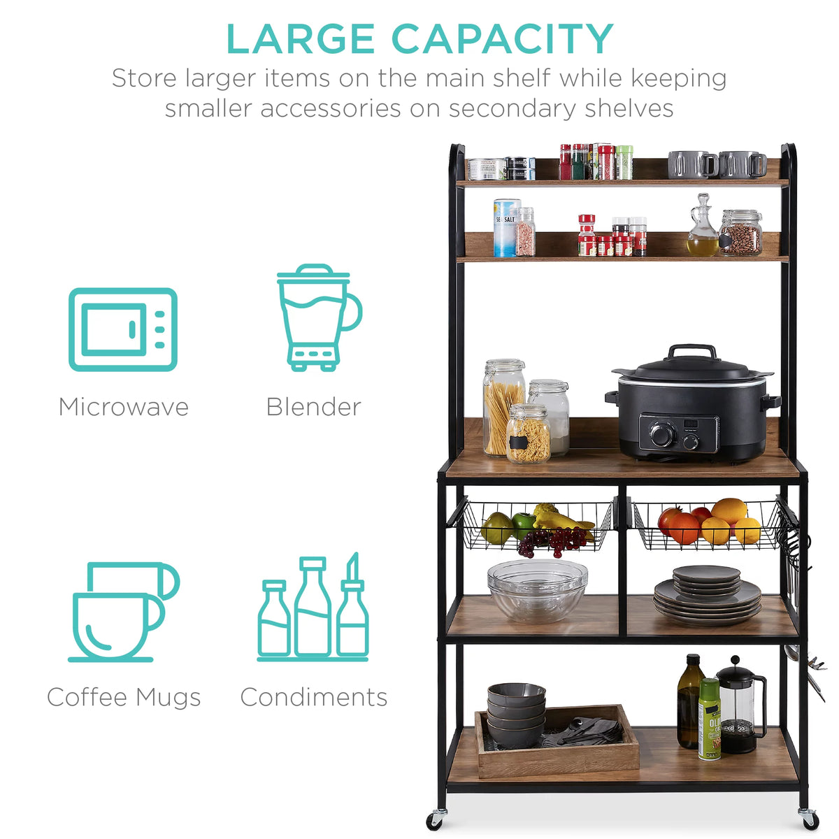 Brown Black Counter-Height Baker's Rack with Locking Wheels K61810