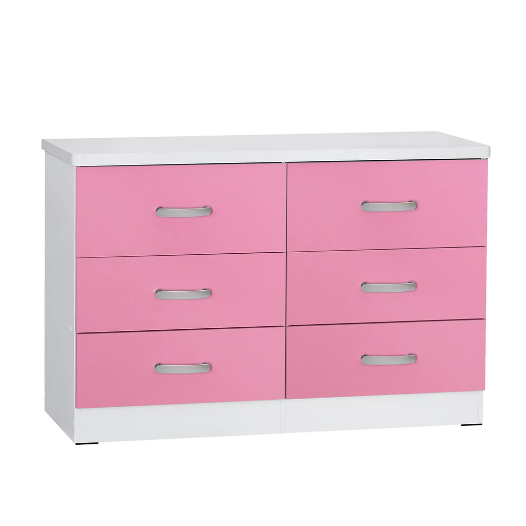 White & Pink 6 Drawer Wooden Double Dresser K2498