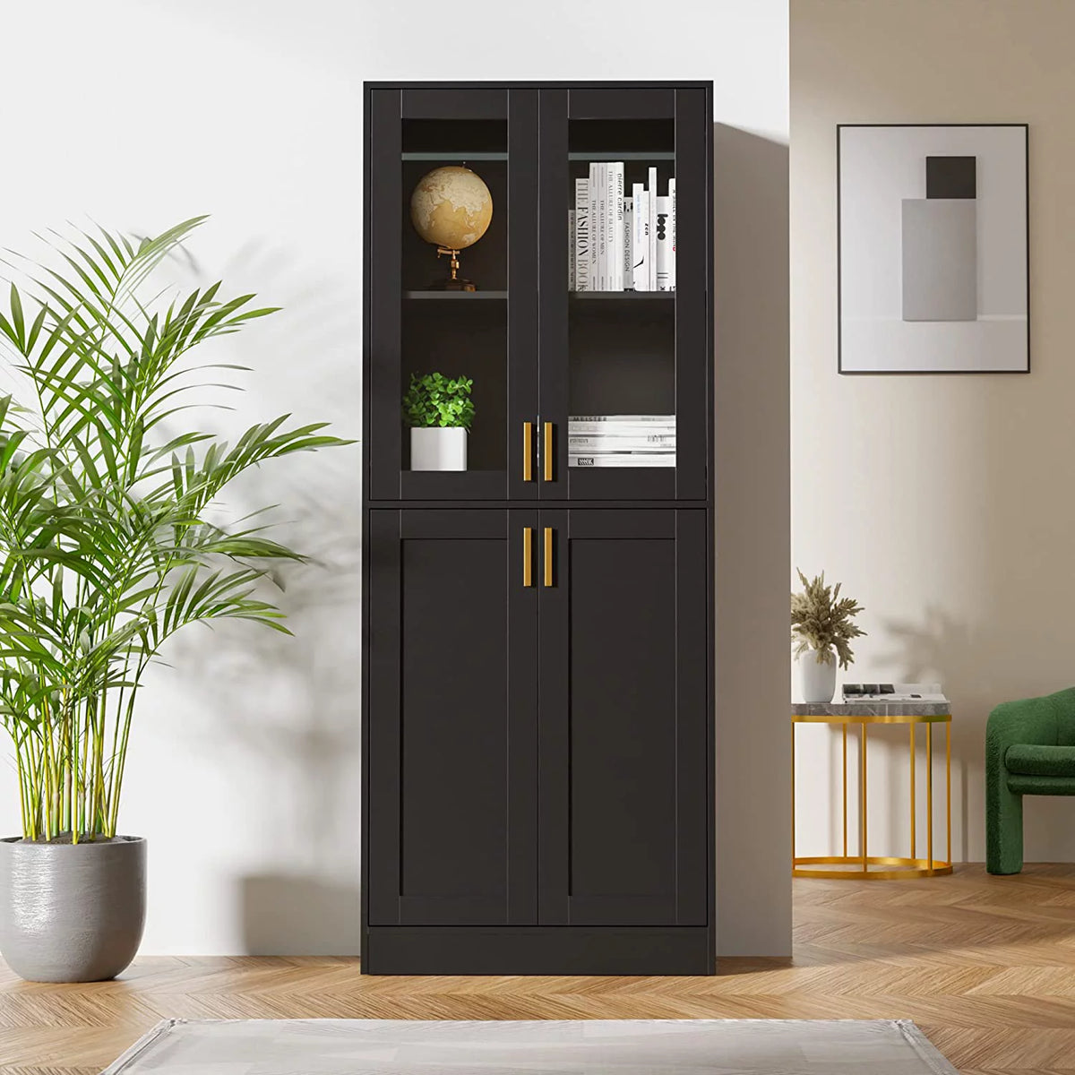 70" Tall Black Display Cabinet with Acrylic Glass Doors and Adjustable Shelves Z427