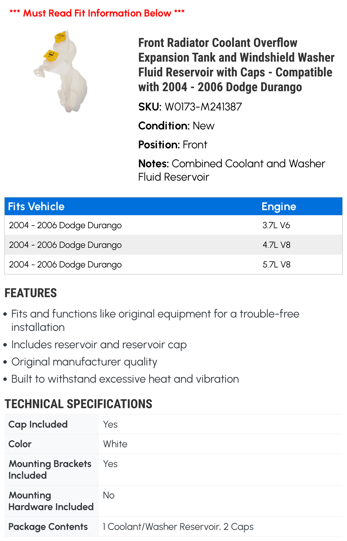 Radiator Coolant Overflow Expansion Tank and Windshield Washer Fluid Reservoir with Caps M4146