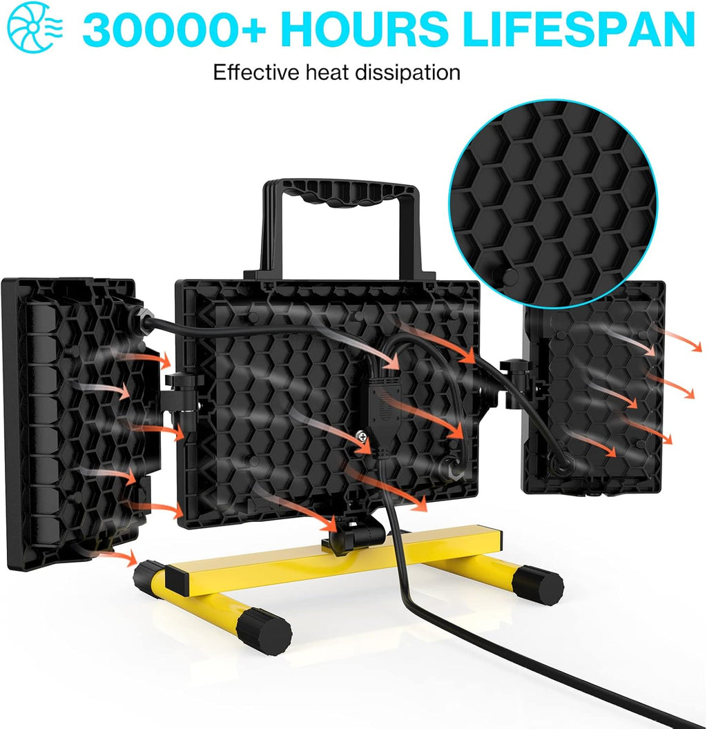 80W LED Work Light, Triple Adjustable Heads, 6500K, IP65 Waterproof, with Stand, Pack of 2 L975420