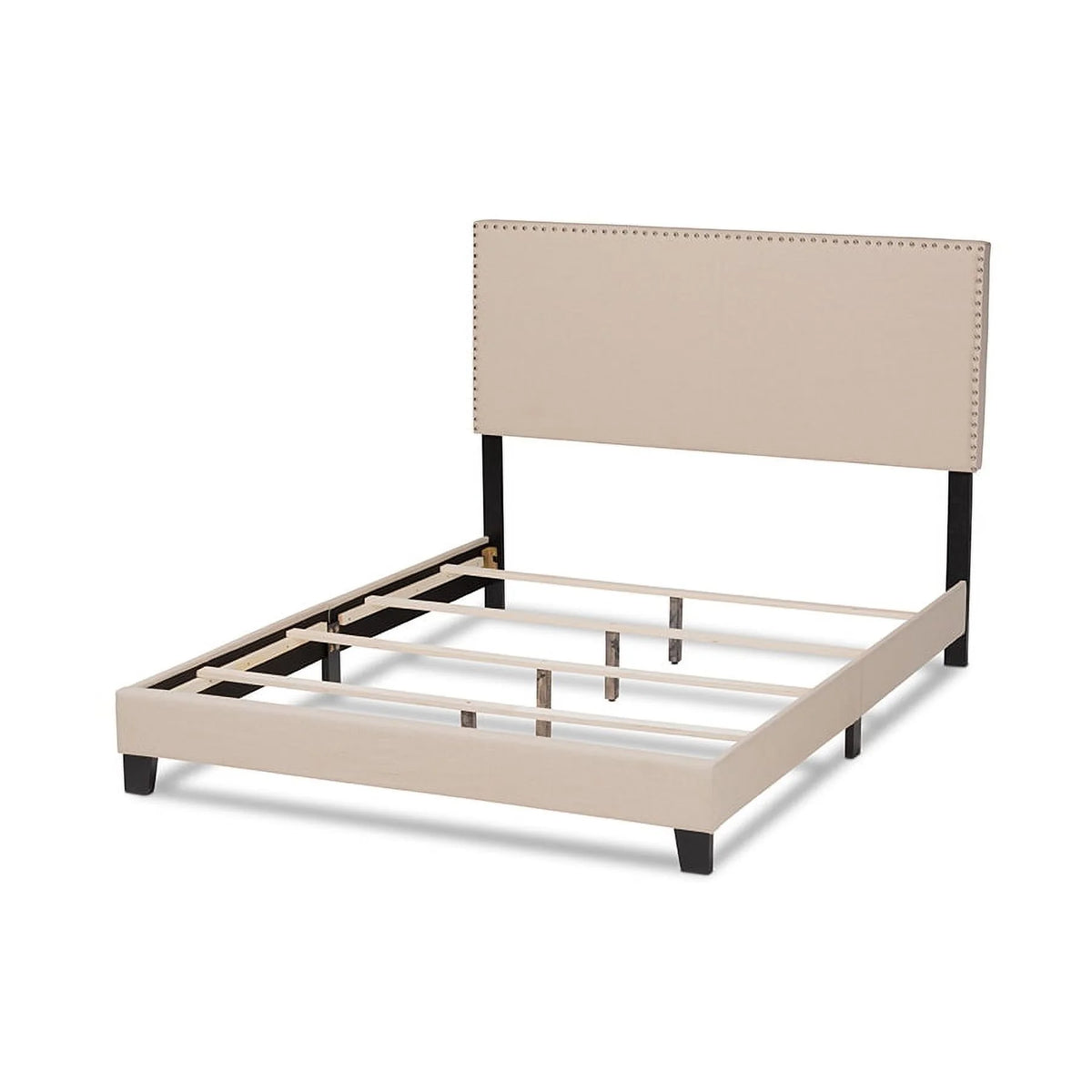 Beige Linen Fabric Upholstered Full Size Panel Bed Q306188
