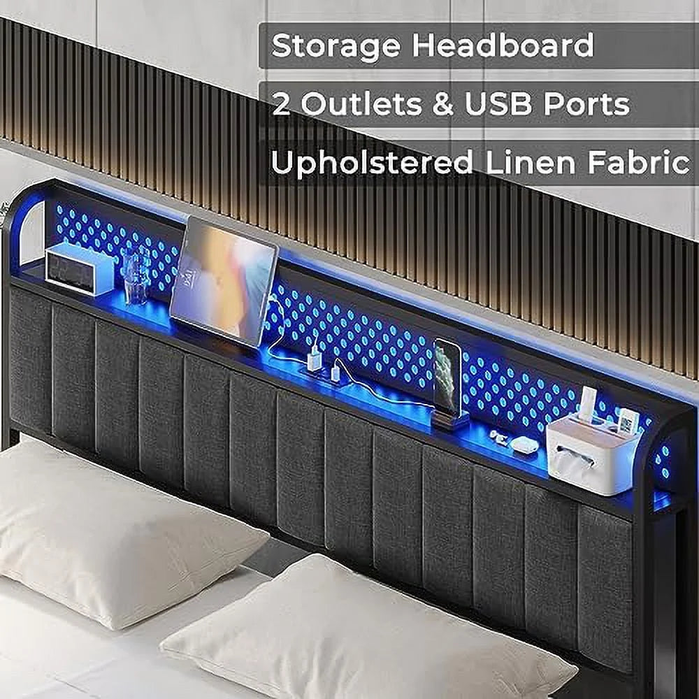 Queen LED Bed Frame with Headboard, Outlets & USB Ports, Dark Grey W7793