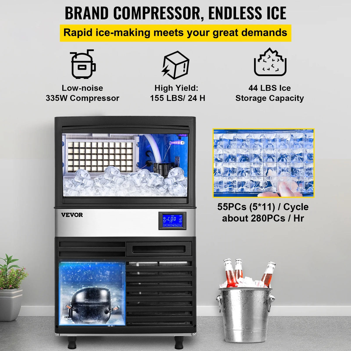 Commercial Ice Maker 155lbs/24h with 44lbs Bin Stainless Steel C21678