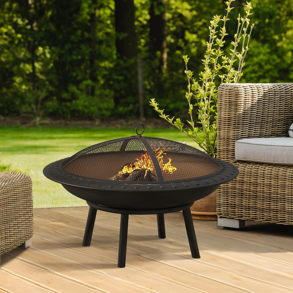 24'' Outdoor Round Fire Pit Bowl with Spark Screen and Poker T927