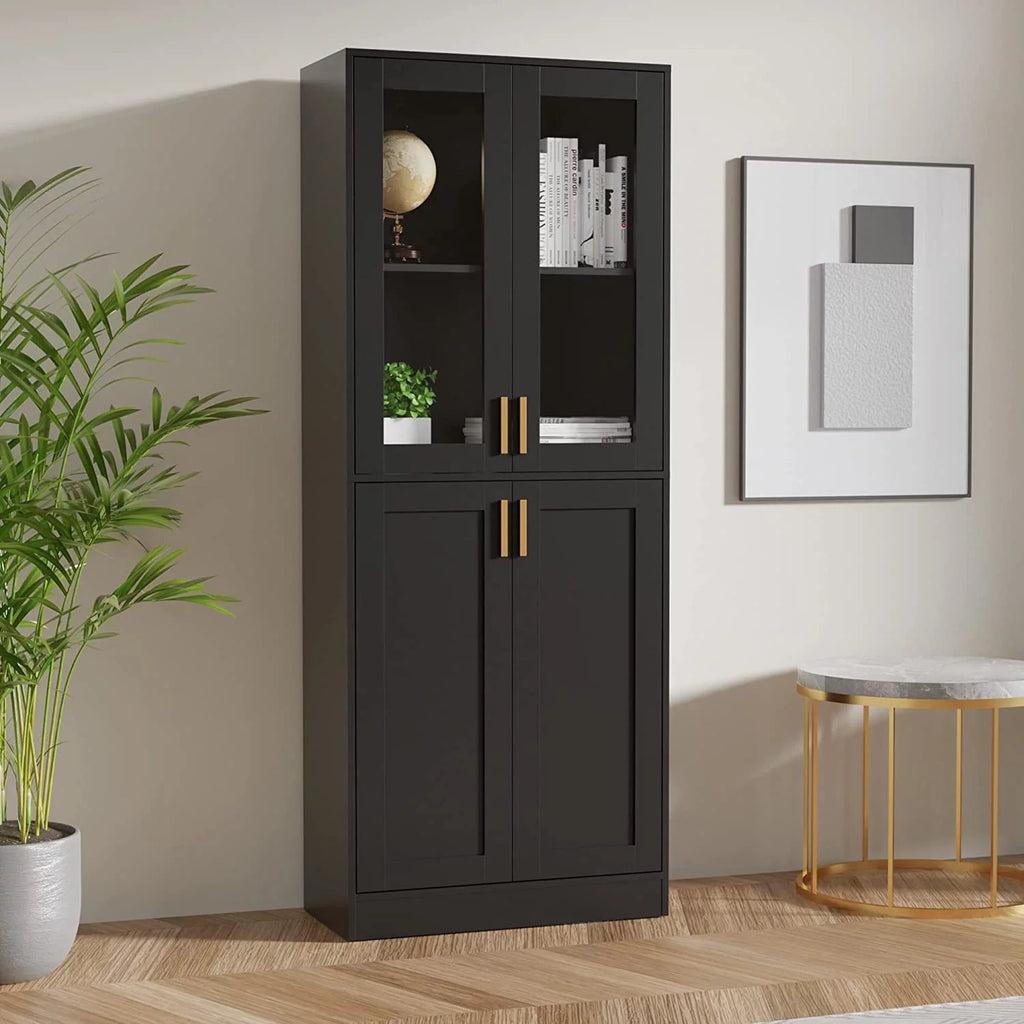 70" Tall Black Display Cabinet with Acrylic Glass Doors and Adjustable Shelves Z427