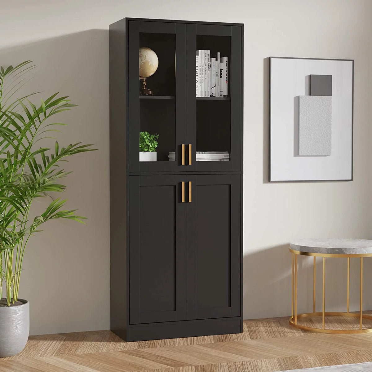 70" Tall Black Display Cabinet with Acrylic Glass Doors and Adjustable Shelves Z427