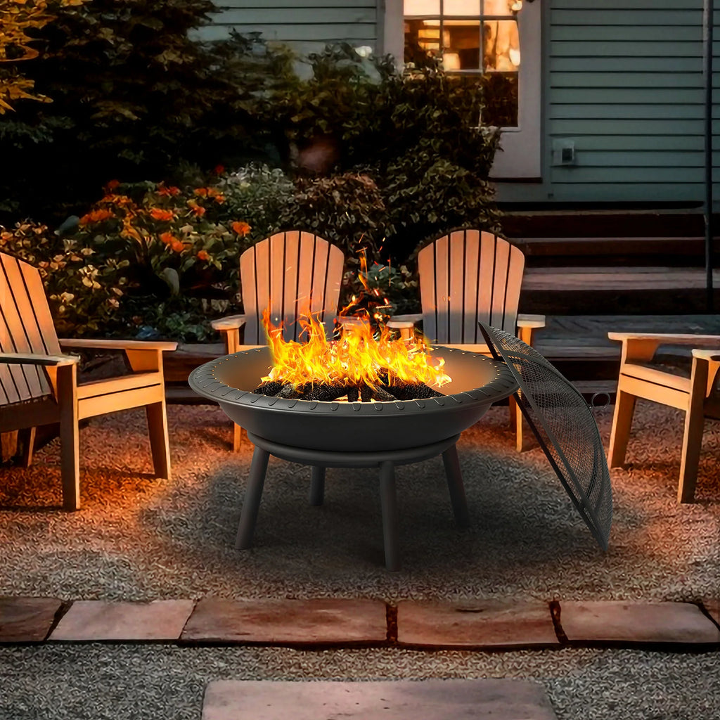 24'' Outdoor Round Fire Pit Bowl with Spark Screen and Poker T927