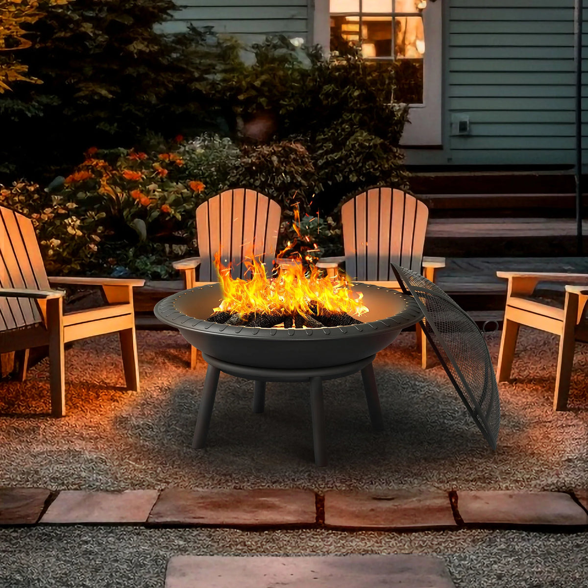 24'' Outdoor Round Fire Pit Bowl with Spark Screen and Poker T927