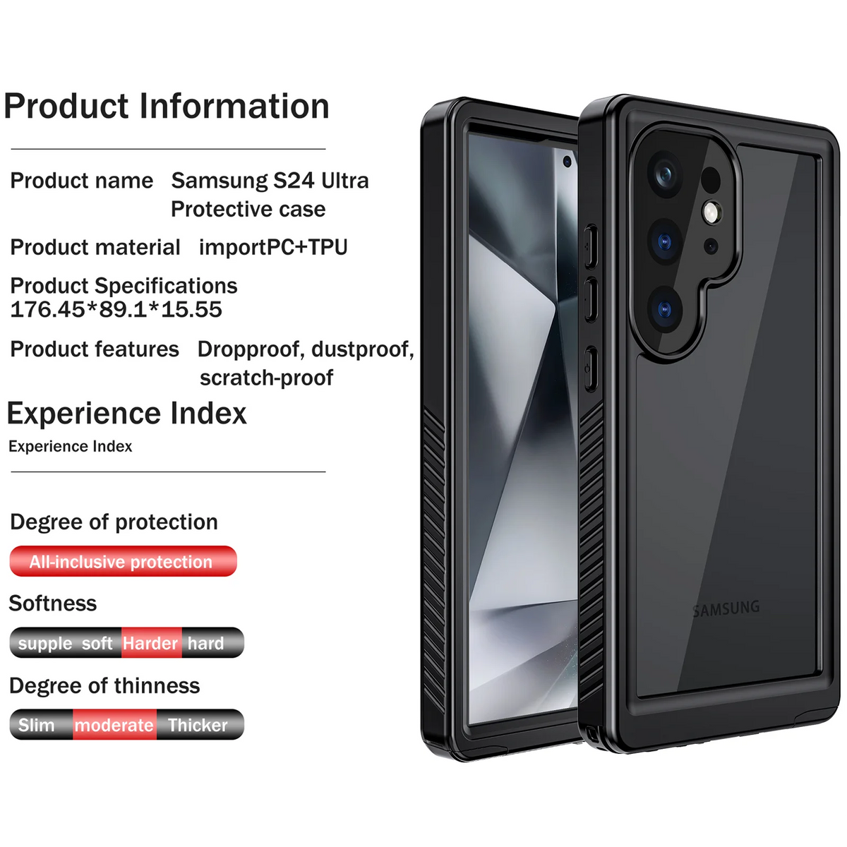Black Waterproof Rugged Phone Case with Screen Protector S8746