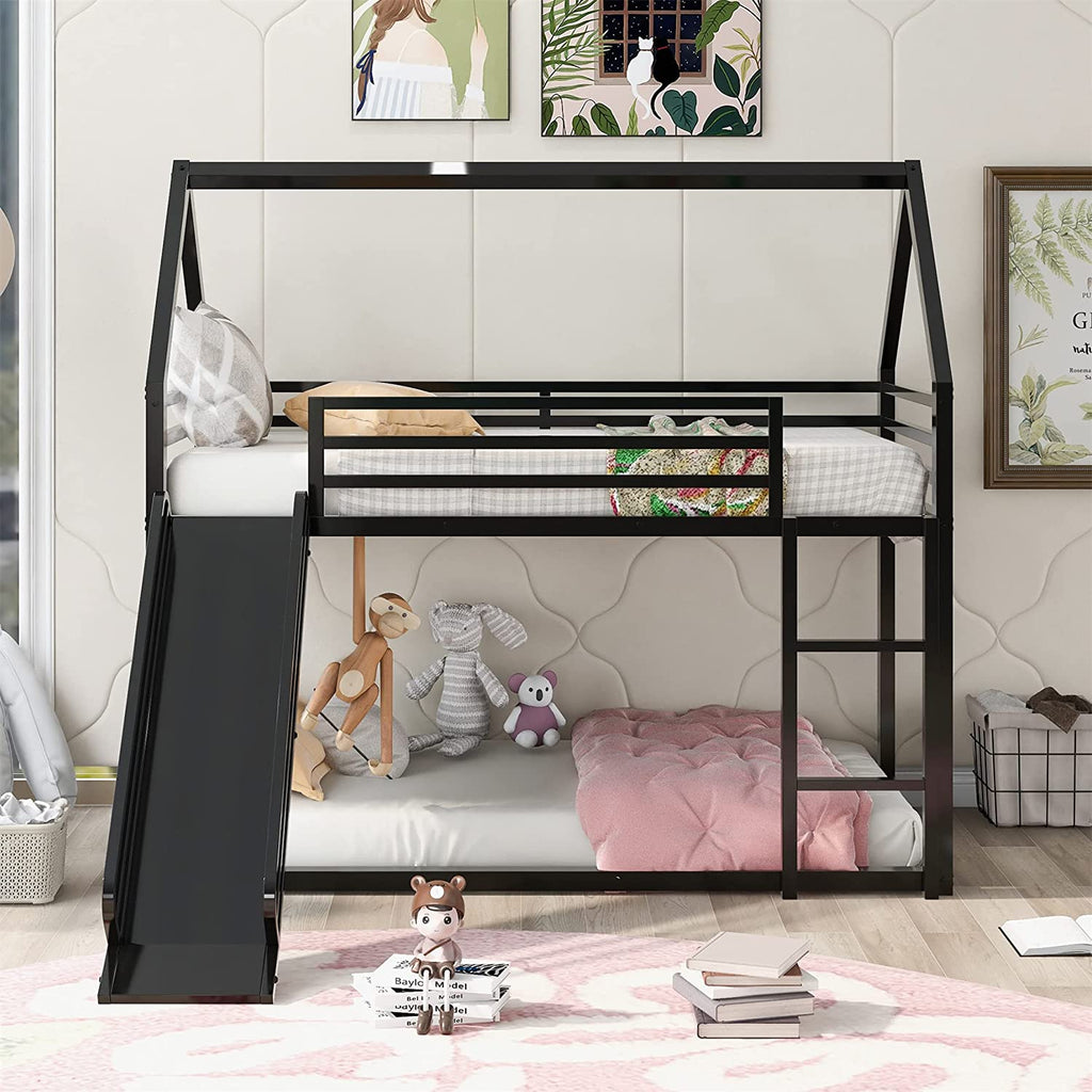 Black Metal Frame Floor Bunk Bed with Slide and Built-In Ladder Y6282